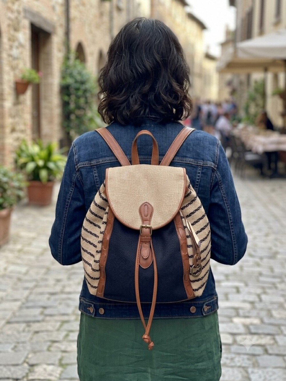 Lucky Brand Kendal Striped Canvas & Brown Leather Drawstring Backpack
